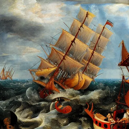 Image similar to A giant squid destroying a cruise ship in the middle of the ocean, oil painting by Jan Steen