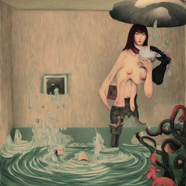 Image similar to tall female emo artist holding a pig in her flooded bathroom, mushrooms, octopus, water gushing from ceiling, painting of flood waters inside an artist's bathroom, a river flooding indoors, pomegranates, pigs, ikebana, zen, river, rapids, waterfall, black swans, canoe, berries, acrylic on canvas, surrealist, by magritte and monet