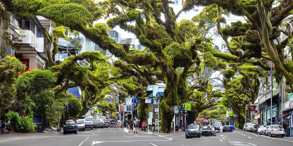 Image similar to a city street in wellington, new zealand but the buildings are interspersed with enormous ancient rimu trees full of epiphytes with birds perching amongst the leaves.