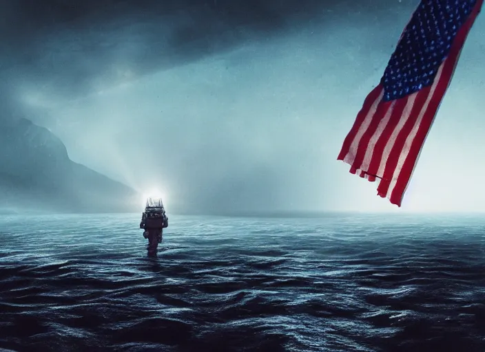 Image similar to astronaut holding a flag in an underwater desert. a submarine is visible in the distance. dark, concept art, cinematic, dramatic, atmospheric, 8 k, trending on artstation, blue, fish, low visibility, fog, ocean floor, christopher nolan, interstellar