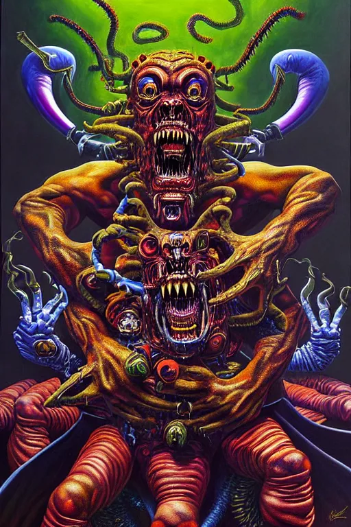 Prompt: a hyperrealistic painting of an epic boss fight against an ornate supreme dark overlord, cinematic horror by the art of skinner, chris cunningham, lisa frank, richard corben, highly detailed, vivid color,