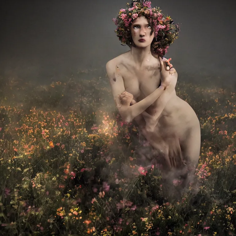 Image similar to The full body shot of delicate renaissance beautiful pale woman with many flowers and full-face black mask with glowing halo, a thick black smoke in rocky desert landscape, glowing eyes, falling star on the background, burning earth by Christopher Doyle, Gaspar Noe, Tarkovsky, Alejandro Jodorowsky, anamorphic lens, volumetric lighting, global illumination, physically based rendering, photorealistic, top light, cinematic composition, award winning photo, 8k