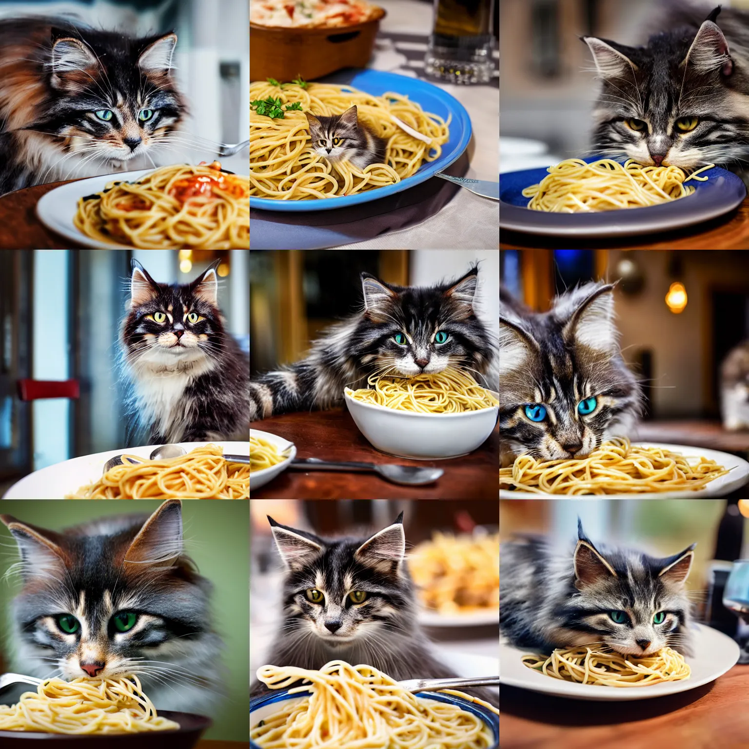 Prompt: chibi blue Siberian forest cat eating spaghetti carbonara at an Italian restaurant in Italy, realistic, photography, 4k HD