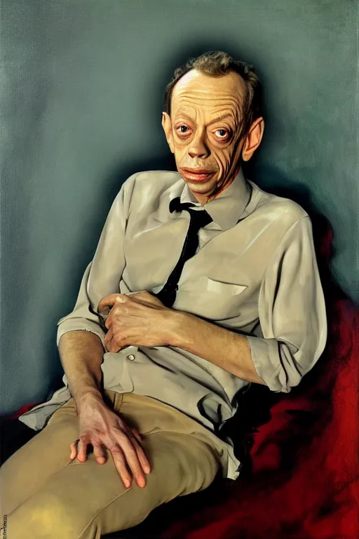 Prompt: portrait of don knotts sitting with full face full figure seductive sensual alluring attractive, in the style of expressionism, artstation, trending, andrew wyeth, jamie wyeth, john singer sargent,