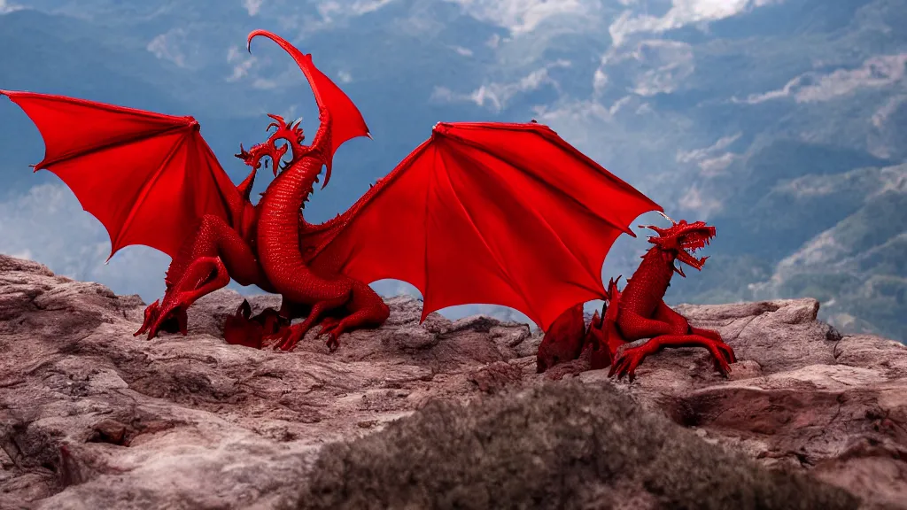 Prompt: huge red dragon sitting on a mountain , shallow depth of field, 35 mm, cinematic lighting, trending on artstation,