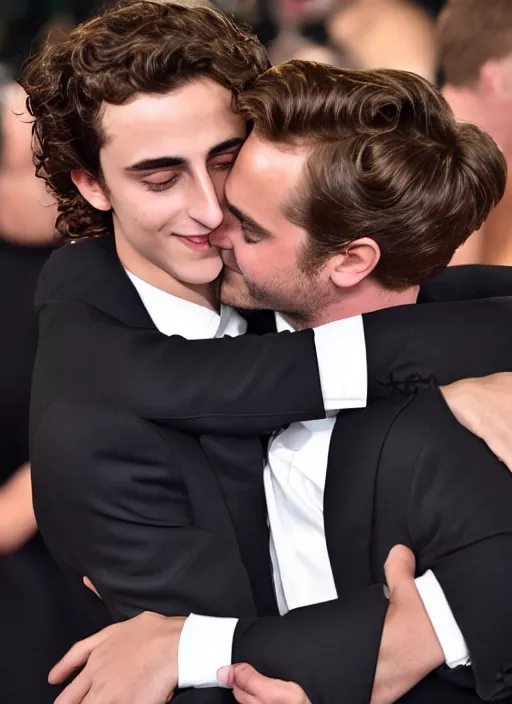 Prompt: photo of Timothee Chalamet hugging boyfriend Armie Hammer