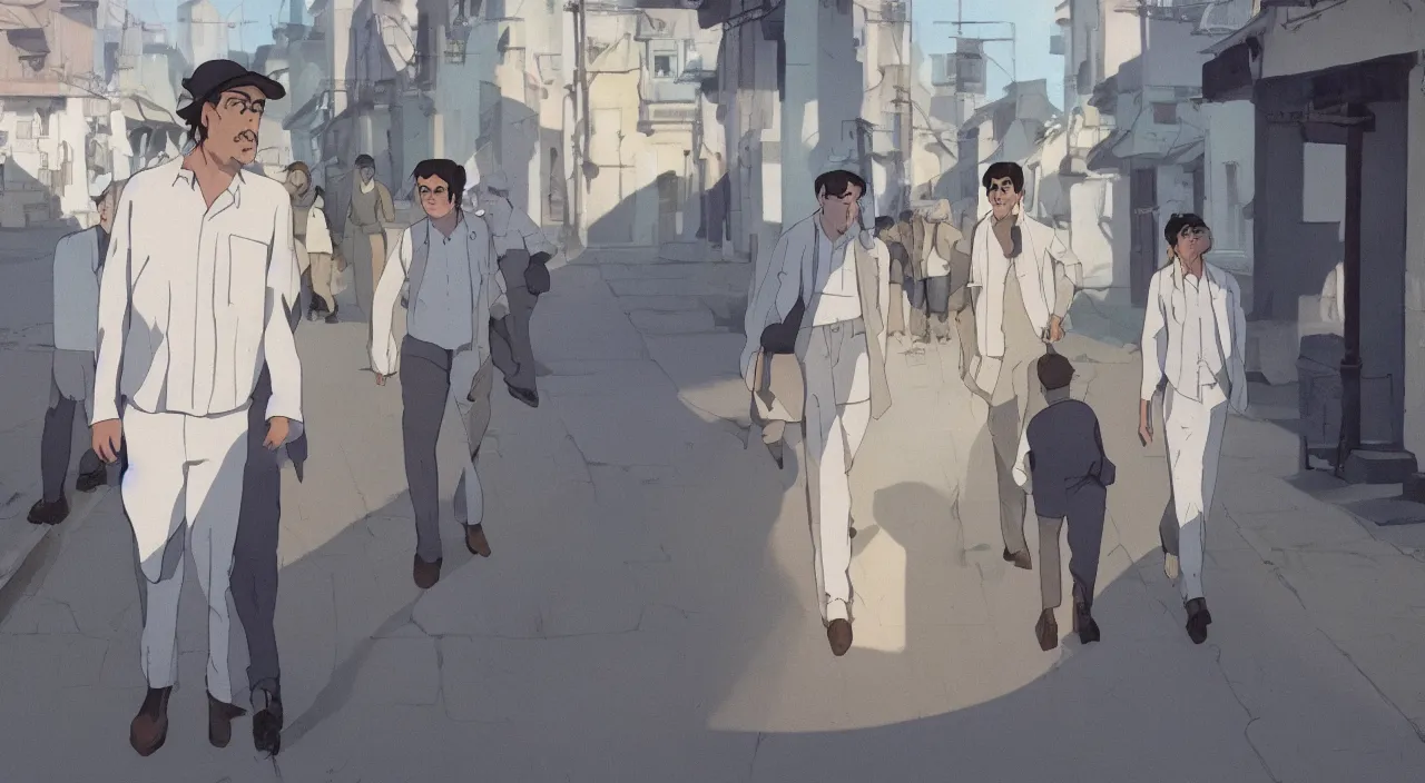 Image similar to ernest shackleton in a crisp white linen shirt and slacks, leather boots, walking in a cuban street, 1 9 0 0, genndy tartakovsky, atey ghailan, goro fujita, studio ghibli, rim light, mid morning lighting, clear focus, very coherent