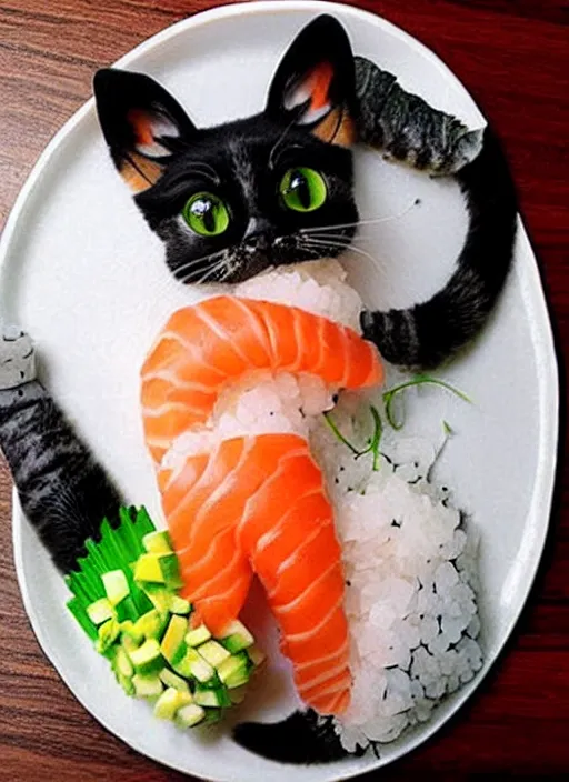 Image similar to clear photorealistic picture of adorable cats made out of sushi