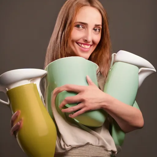 Image similar to woman holding 2 giant jugs while smiling, photorealistic, studio