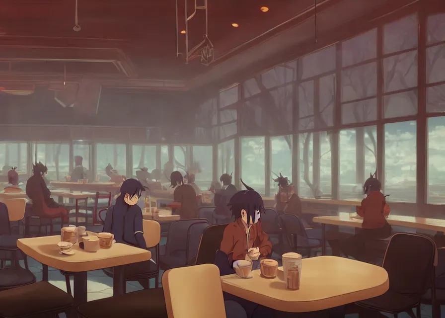 Image similar to an interior of wizards inside a diner with coffee on the table, makoto shinkai, smoky, matte painting