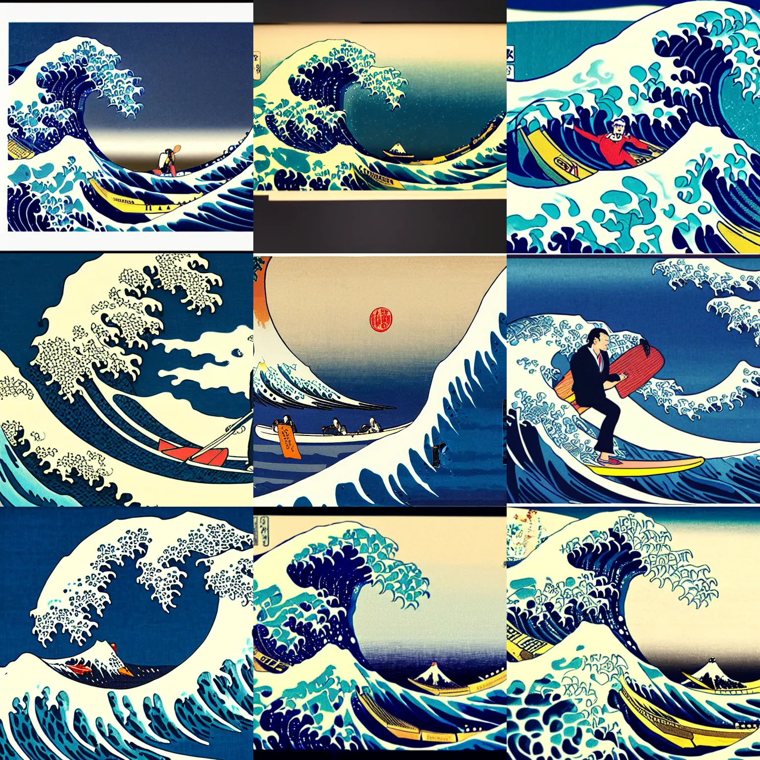 Prompt: a customer success manager in full business suit surfing the great wave by hokusai, detailed, professional, imax