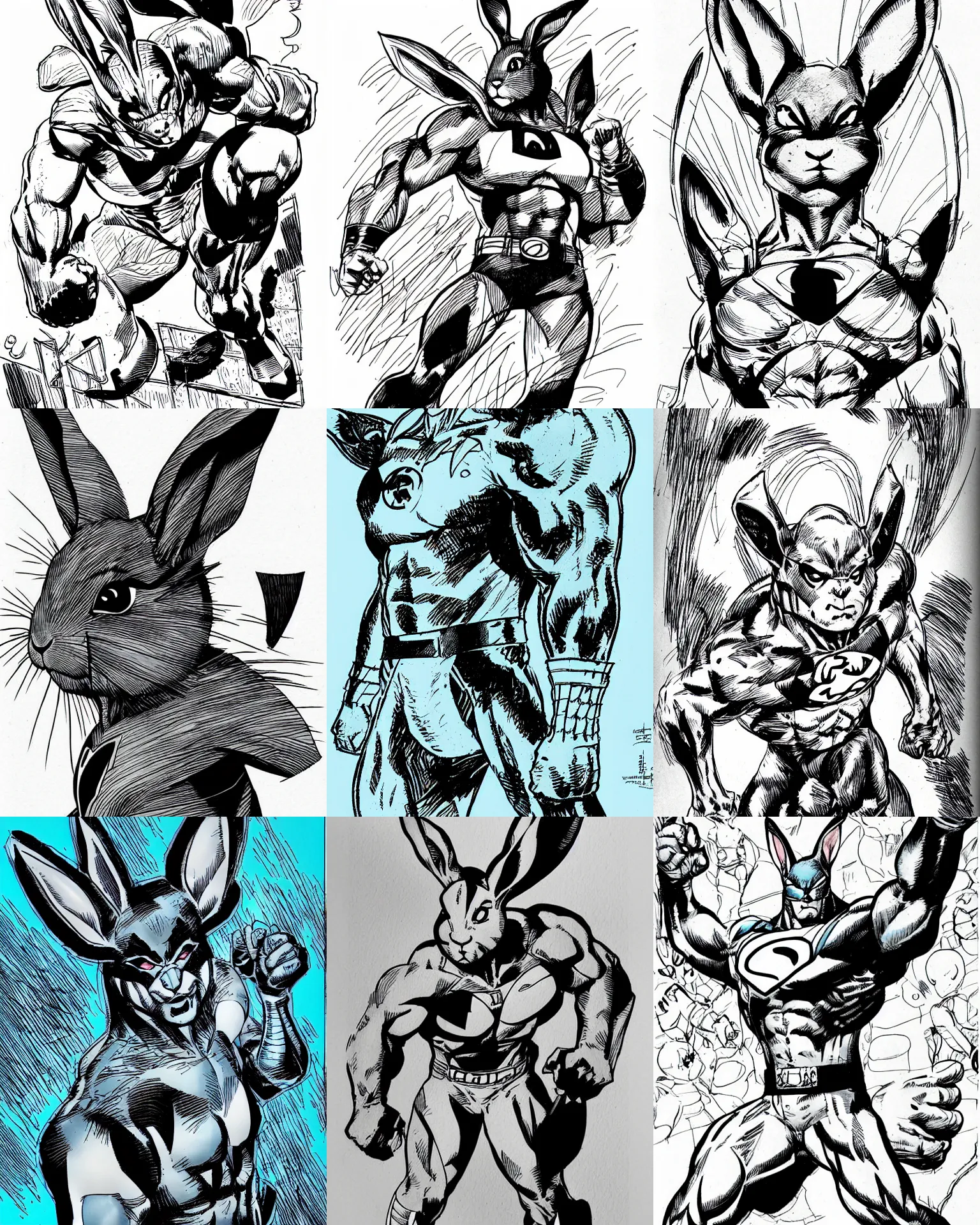 Image similar to rabbit!!! jim lee!!! medium shot!! flat ink sketch by jim lee close up in the style of jim lee, x - men superhero comic book rabbit animal by jim lee