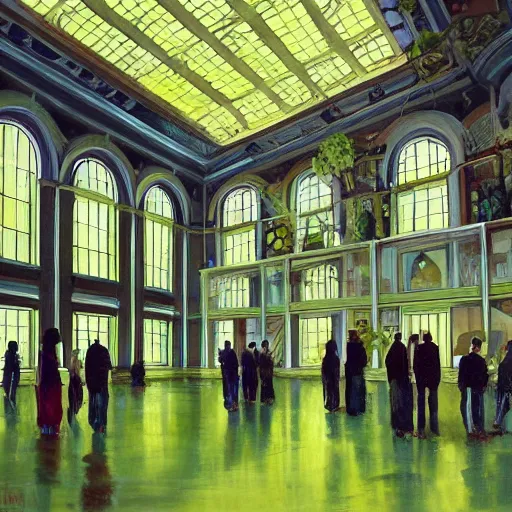 Prompt: A beautiful painting of a large room with many people in it. There is a lot of activity going on, with people talking and moving around. The room is ornately decorated and there is a large window at one end. cyber noir, lime green by Taiyō Matsumoto AWESOME, elegant