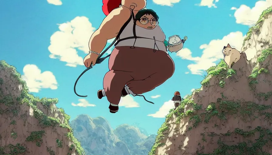 Image similar to the last fat catrider, comedy, graphic art, rgba, 8 k hd resolution, pinterest, dynamic character, 8 k character details, concept art, 8 k ultra realistic, intricate details, ultra detailed, reduce character duplication, in style of hayao miyazaki, by studio ghibli