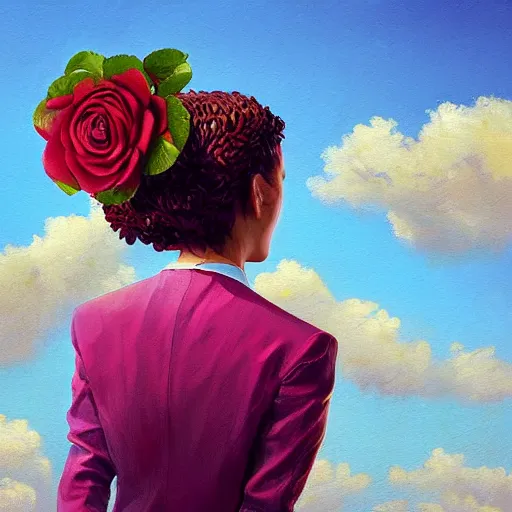 Image similar to closeup, huge rose flower head, portrait, girl in a suit, surreal photography, sunrise, blue sky, dramatic light, impressionist painting, digital painting, artstation, simon stalenhag