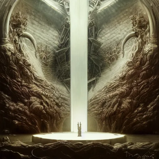 Image similar to the throne of purity | highly detailed matte painting, hyperrealistic, very intrincate | cinematic lighting, award - winning | by rachel ruysch, giger, beksinski and bocklin | by austin osman spare and william blake, trending on artstation, cgsociety, official art, octane.