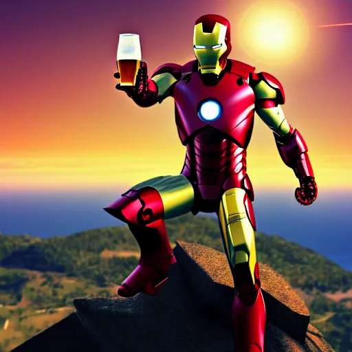 Image similar to Iron man at the top of a mountain, scenic view, holding a beer!!, digital art, gta 5 cover art, trending on artstation