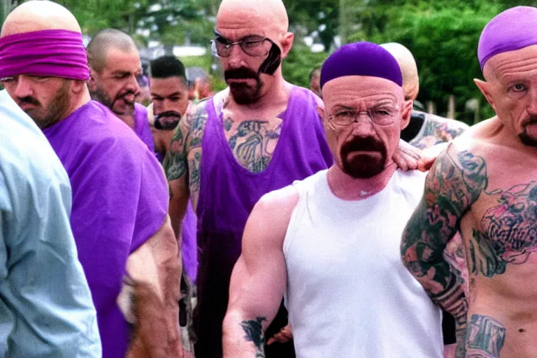 Image similar to walter white as a white gang member wearing a purple head covering made from a polyester or nylon material and a stained white tank top beating up a rival gang member in the prison yard, arms covered in gang tattoo, paparazzi, leaked footage, uncomfortable, bad quality