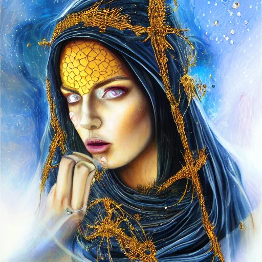 Image similar to angry beautiful Goddess of life with a veil, dark Goddess of artificial intelligence creating an artificial neural network with gold synapses on an anvil with her hammer, high resolution, award winning art, trending on art station, sharp image, incredibly detailed, detailed character, realistic painting, hyper-realistic painting, coherent painting, master piece by ramon y cajal