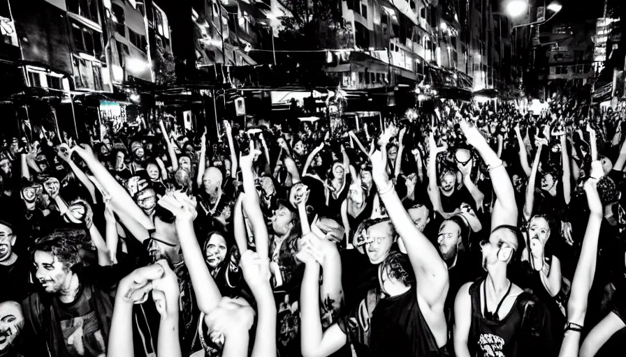 Image similar to a rave, dance dance party at old inner city sydney city, australia. black and white photography. dark energy 8 k