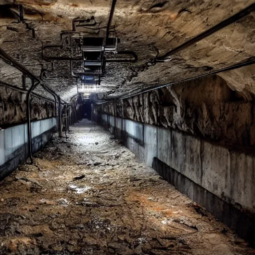 Prompt: deep underground tunnel, flooded, dirty water, dense rusty pipes network, dense cables network, mold