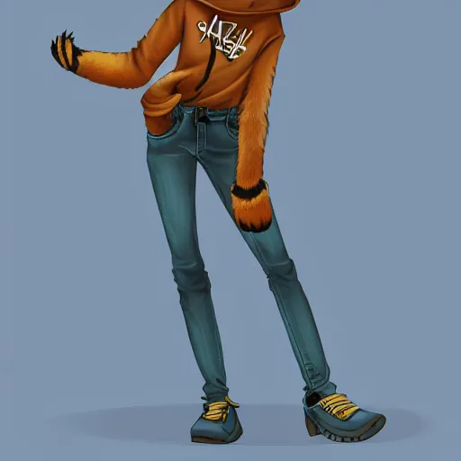 Image similar to humanoid furry!! anthro avian!!!!! fursona, bird!!!!! female!! digital art! trending on artstation! subject wearing hoodie and jeans!!