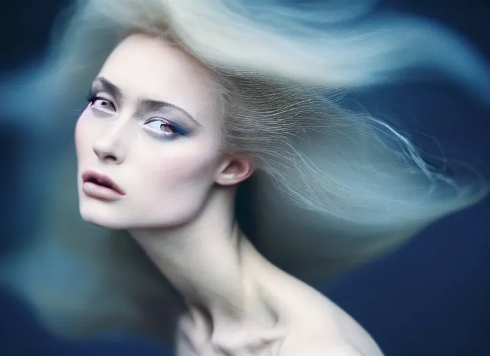 Image similar to cinestill 5 0 d photo of a pre - raffaellite beautiful woman, dreamy, subsurface scattering, hair floating in air in style of paolo roversi, 1 5 0 mm lens, f 1. 2, sharp focus, emotionally evoking, head in focus, stormy outdoor, matt dreamy colour background, volumetric lighting, hyper realistic, ultra detailed