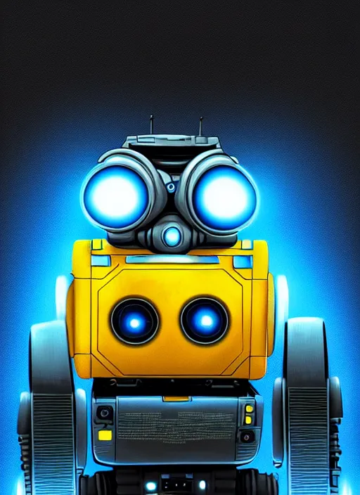 Image similar to symmetry!! portrait of wall - e, sci - fi, tech wear, blue and yellow glowing lights!! intricate, elegant, highly detailed, digital painting, artstation, concept art, smooth, sharp focus, illustration