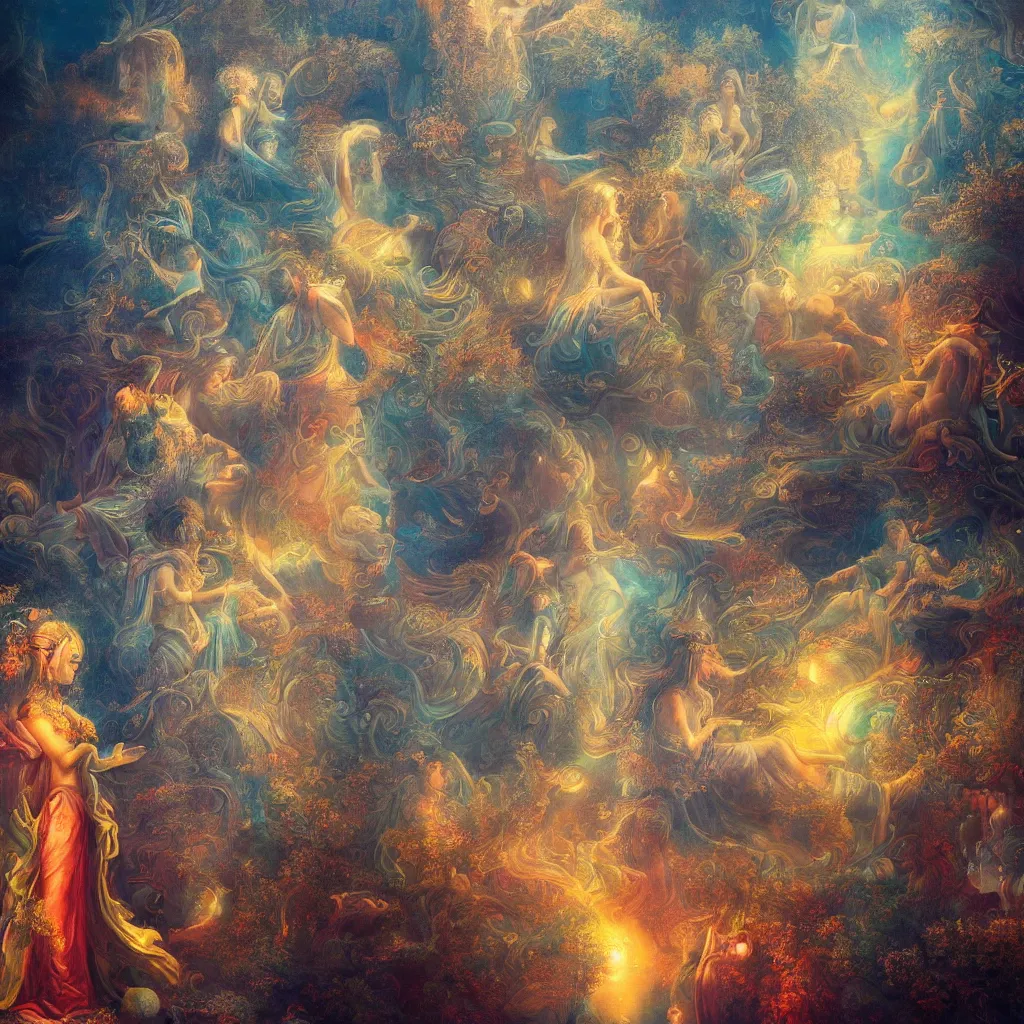 Prompt: a dreamscape painting of benevolent beings, intricate, cinematic, hazy focus.