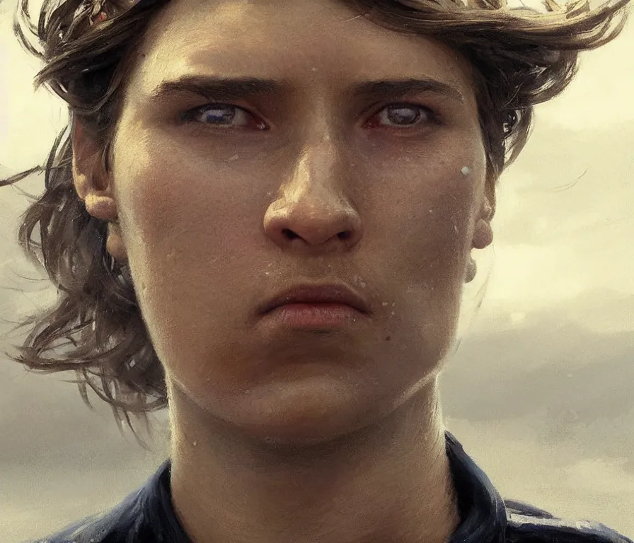 Prompt: closeup on the face portrait of a male sailor played by alicia vikander. concept art by greg rutkowski, john j. park, jason chan, noah bradley, feng zhu, gintas galvanauskas, gustave courbet, rosa bonheur, edward hopper. sharp focus, cinematic atmosphere, detailed and intricate, perfect anatomy