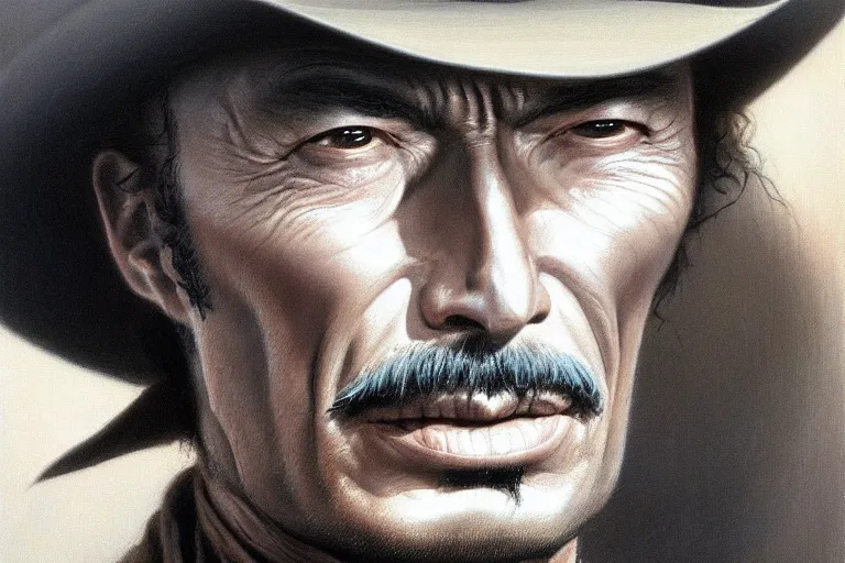 Prompt: close portrait of lee van cleef as a mean cowboy in pale rider ( 1 9 8 5 ). oil painting elegant, highly detailed, centered, digital painting, artstation, concept art, smooth, sharp focus, illustration, artgerm, tomasz alen kopera, peter mohrbacher, donato giancola, joseph christian leyendecker, drew struzan