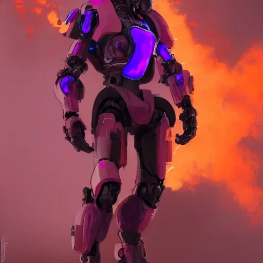 Prompt: Character design sketch with body made of Purple Lava and fire, mecha humanoid with cyberpunk bomber jacket, concept art character, royalty, smooth, sharp focus, organic, deep shadows by Heri Irawan, hyperrealistic oil painting, 4k, studio lightning