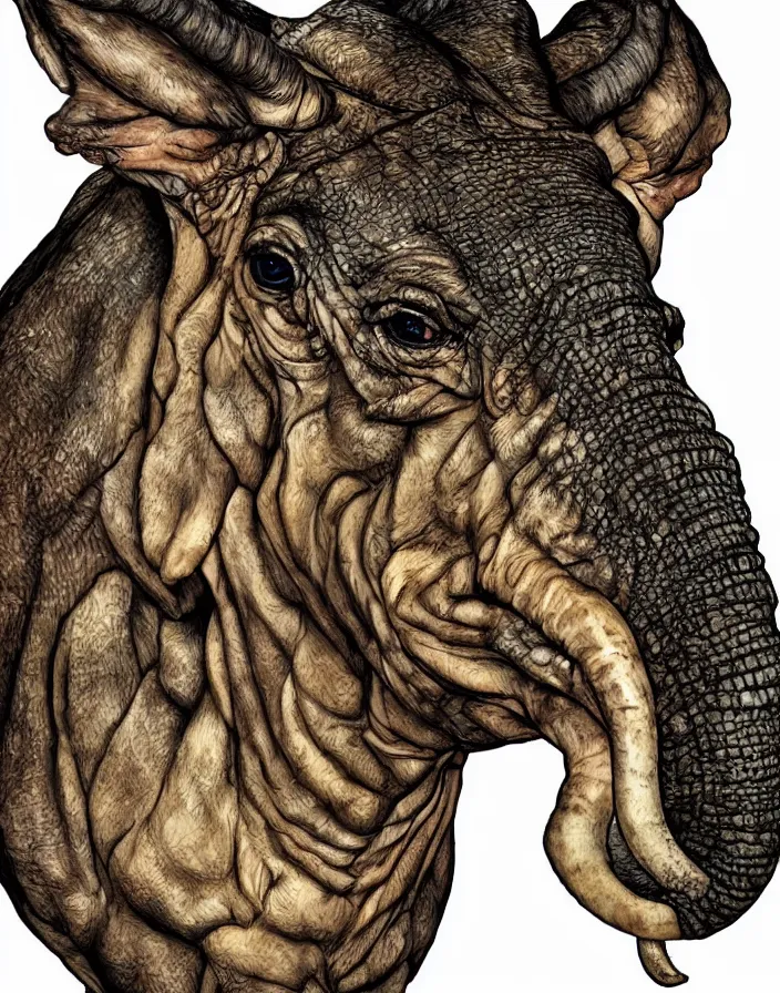 Prompt: portrait of muscular animal human merged head skin ears, large dark background, scales skin dog, cat merged elephant head cow, chicken face morphed fish head, gills, horse head animal merge, morphing dog head, animal eyes, merging crocodile head, anthropomorphic creature