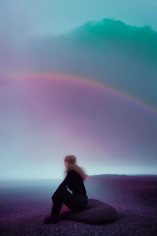 Image similar to high quality pastel coloured film close up wide angle photograph of a model wearing clothing resting on cloud furniture in a icelandic black rock!! environment in a partially haze filled dreamstate world. three point light, rainbow. photographic production. art directed. pastel colours. volumetric clouds. pastel gradient overlay. waves glitch artefacts. extreme facial clarity. 8 k. filmic.