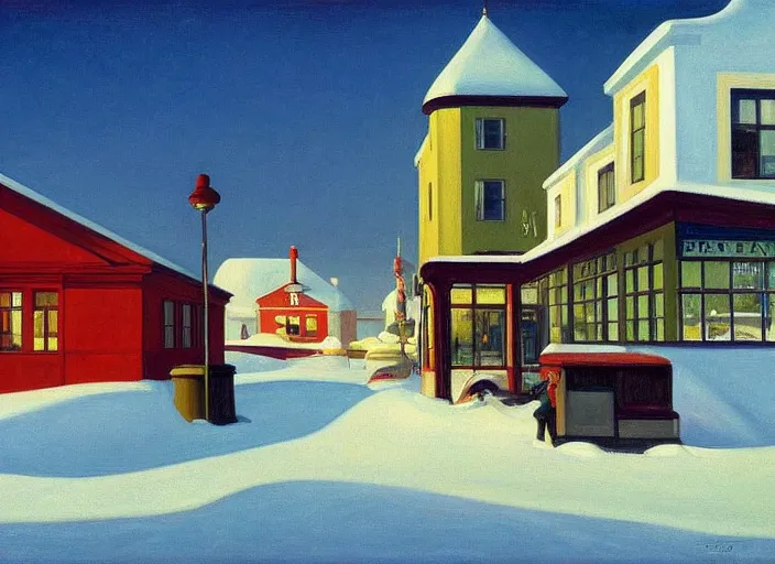 Image similar to a peaceful view of a finnish town in winter, snowfall, gas station cafe, painting by edward hopper