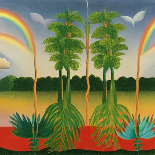 Image similar to Two Alicorns iwth rainbow wings flying over a lake, artwork by Henri Rousseau