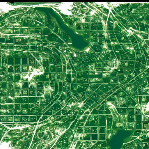 Prompt: satellite View imagery map of advanced alien civilisation with large public transport. Green glowing factory.