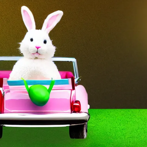 Image similar to easter bunny riding a convertible, studio photo, high quality