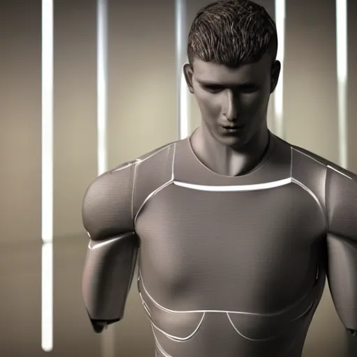 Image similar to a realistic detailed photo of a guy who is an attractive humanoid who is half robot and half humanoid, who is a male android, attractive and handsome soccer players, shiny skin, posing like a statue, blank stare, in a factory, on display, showing off his muscles, wearing soccer shorts, side view, looking at each other mindlessly