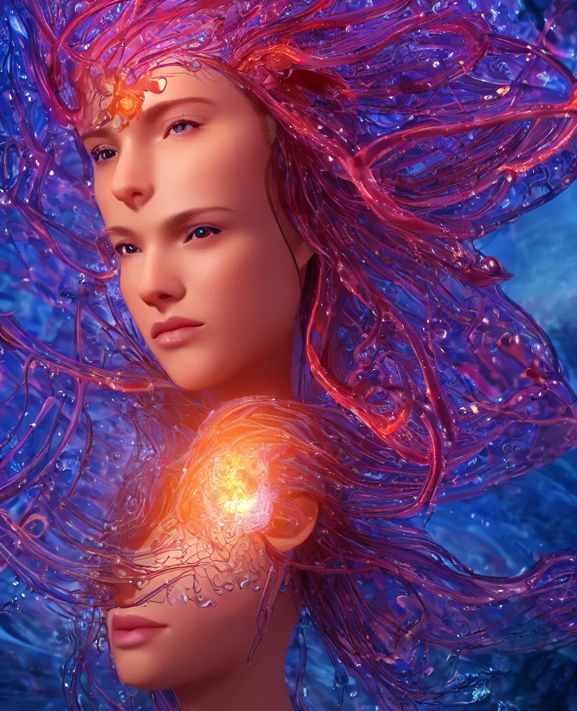 Image similar to close-up macro portrait of the face of a beautiful princess, epic angle and pose, symmetrical artwork, 3d with depth of field, blurred background, cybernetic jellyfish female face skull phoenix bird, translucent, nautilus, energy flows of water and fire. a highly detailed epic cinematic concept art CG render. made in Maya, Blender and Photoshop, octane render, excellent composition, cinematic dystopian brutalist atmosphere, dynamic dramatic cinematic lighting, aesthetic, very inspirational, arthouse. y Greg Rutkowski, Ilya Kuvshinov, WLOP, Stanley Artgerm Lau, Ruan Jia and Fenghua Zhong