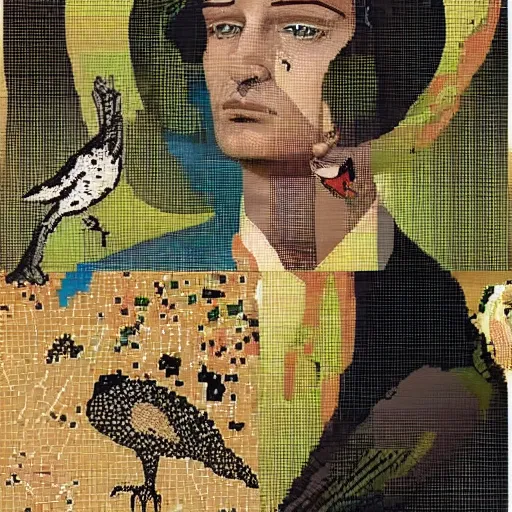 Prompt: by cecil beaton pixel art highly detailed. a collage of a man, with an animal skull for a head, & a large bird perched on his shoulder. the man is looking up at the bird with a fierce expression, & the bird is looking back at him with an equally intense gaze.