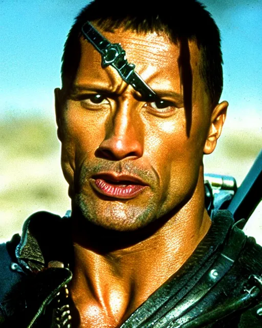 Image similar to film still close up shot of dwayne johnson as max rockatansky in the movie mad max 2 the road warrior. photographic, photography