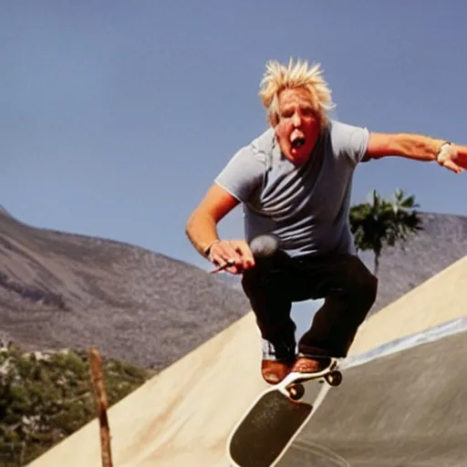 Prompt: gary busey doing a sweet skateboard trick off the lip of a volcano, movie still