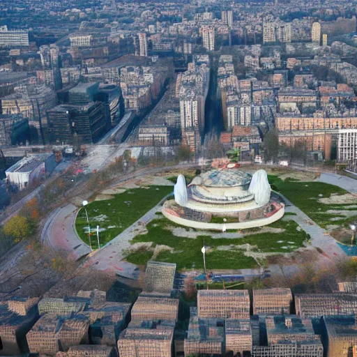 Prompt: aerial view of brutalist extensive monument ( ( ( ( ( park ) ) ) ) ) spomenik with ( ( railings ) ) photo, 4 k