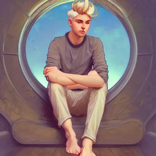 Prompt: young man with short, ash blond greyish hair, light brown eyes, casual clothes, relaxing, happy, path traced, highly detailed, high quality, digital painting, by alphonse mucha, sylvain sarrailh, beautiful details