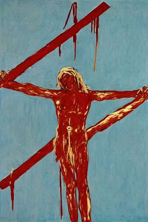 Image similar to bloody christ crucified and some bright ufo in the sky painted by cy twombly and andy warhol