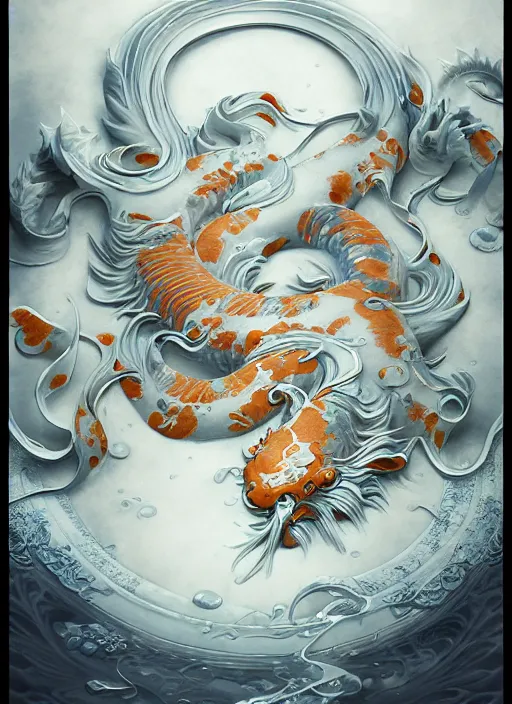 Image similar to subsurface scattering, white, koi, samurai deity with koi armor, art nouveau swirls, epic lighting, octane render, by jesper ejsing, james jean, justin gerard, tomasz alen kopera, cgsociety and fenghua zhong, highly detailed, rim light, art, very coherent, cinematic, hyper realism, high detail, 8 k