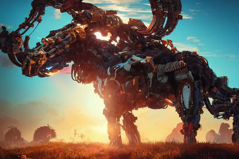 Image similar to snapmaw machine mecanical creature robot of horizon forbidden west horizon zero dawn radiating a glowing aura global illumination ray tracing hdr fanart arstation by ian pesty and alena aenami artworks in 4 k