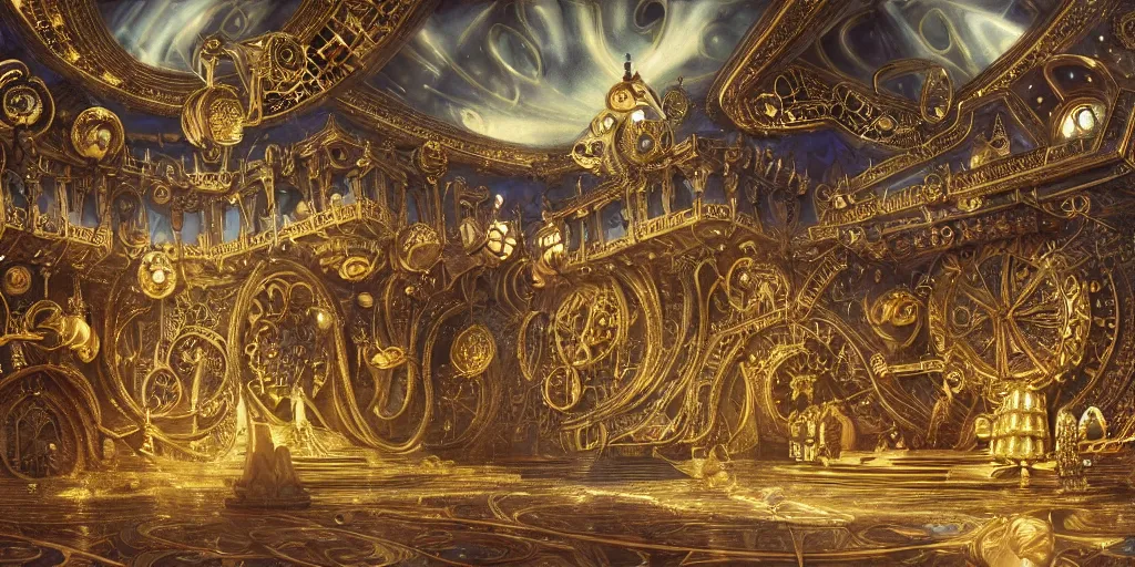 Prompt: symetrical highly detailed ornate with jewels and precious metals futuristic, sandman kingdom, close up in the bg entrance castle kingdom of dreams, space ships, hiperrealistc, global illumination, radiant light, detailed and intricate environment, 3 6 0 degrees, panoramic view, drawing by frank lloyd wright art by andreas achenbach