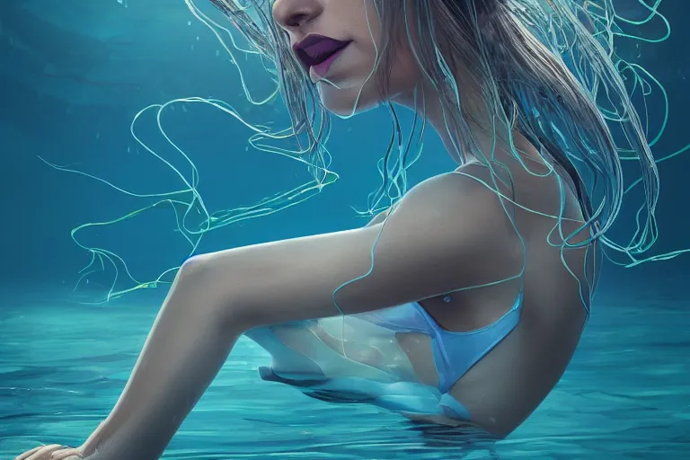 Image similar to long shot photo woman swimming with squids, highly detailed, photorealistic, reflections, smooth, sharp focus, concept art, illustration, beautiful, geometric, trending on artstation, cinematic, featured on behance , artwork by WLOP and Tran, Ross